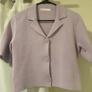 Oak and fort purple knit short sleeve button down top